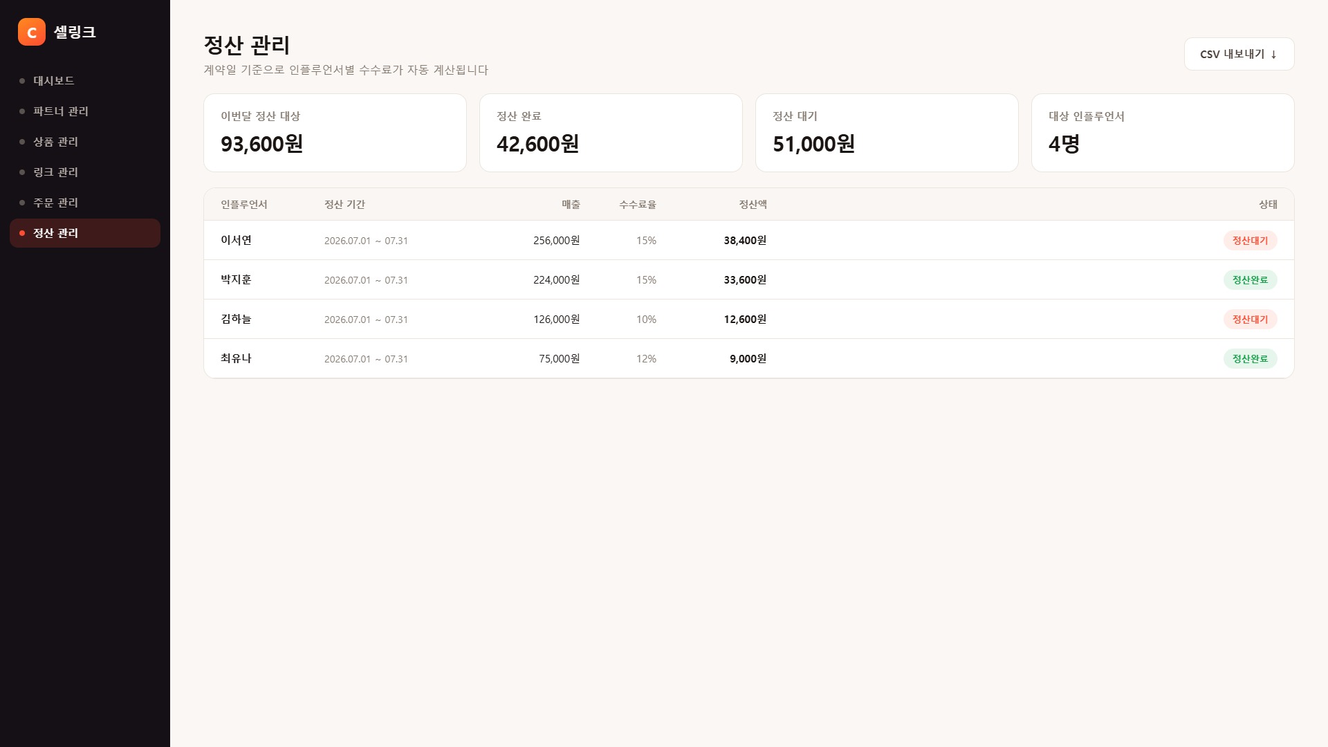 정산 관리 화면
